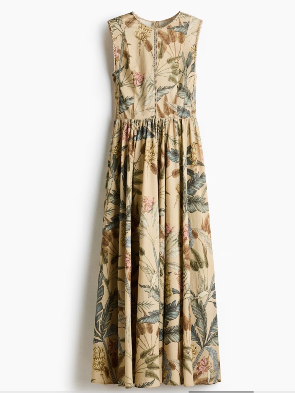 H&M Botanical Print Open Back Midi Dress Beige Sleeveless Sold Out Size S
